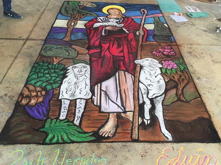 Eduin and Zach's Completed Piece Jesus the Shepard leads sheep.